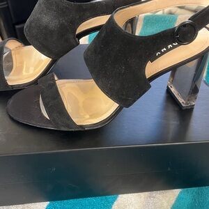 DKNY Black Suede Heels with clear sturdy heel.